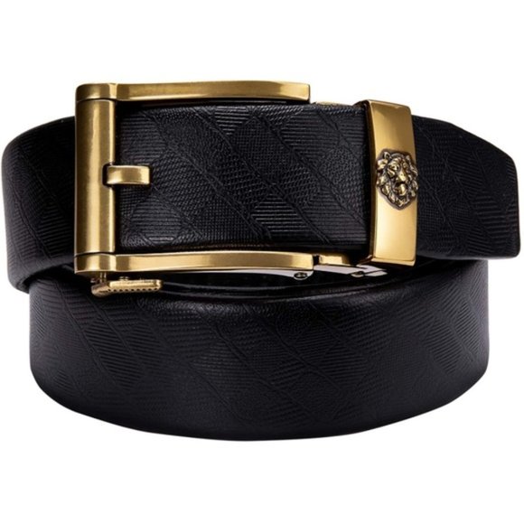 New Sliding Gold Buckle Ratchet Genuine Leather Belt - Picture 2 of 6